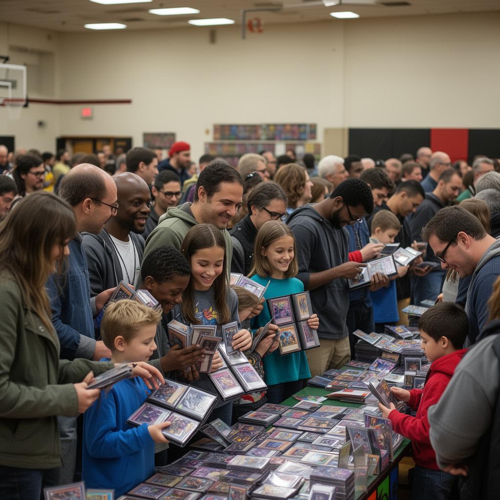 Families and collectors browsing tables at the UC Cards show