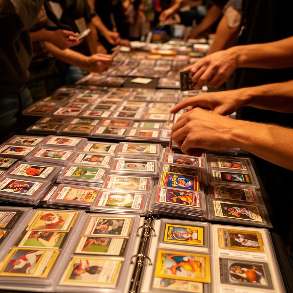 Dealer tables packed with graded sports and Pokémon cards