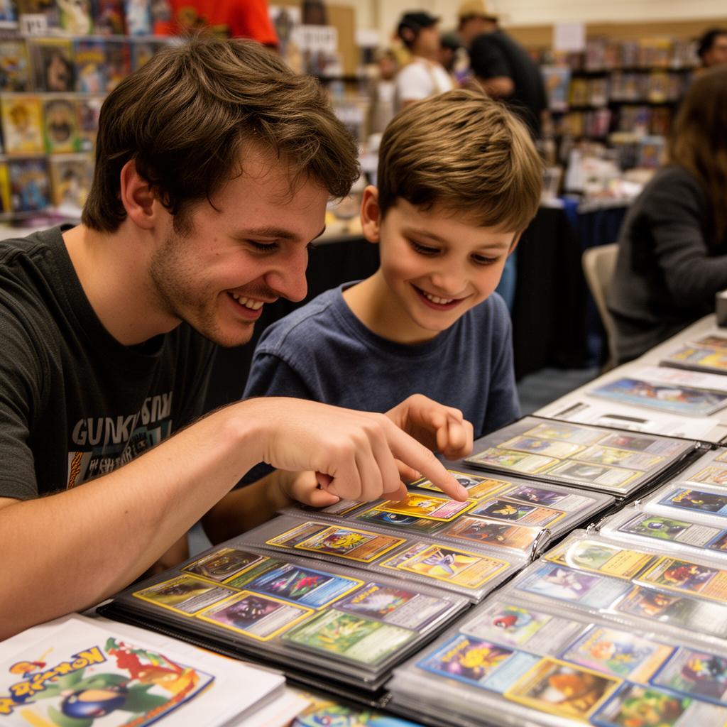 A father and son examining Pokémon cards together