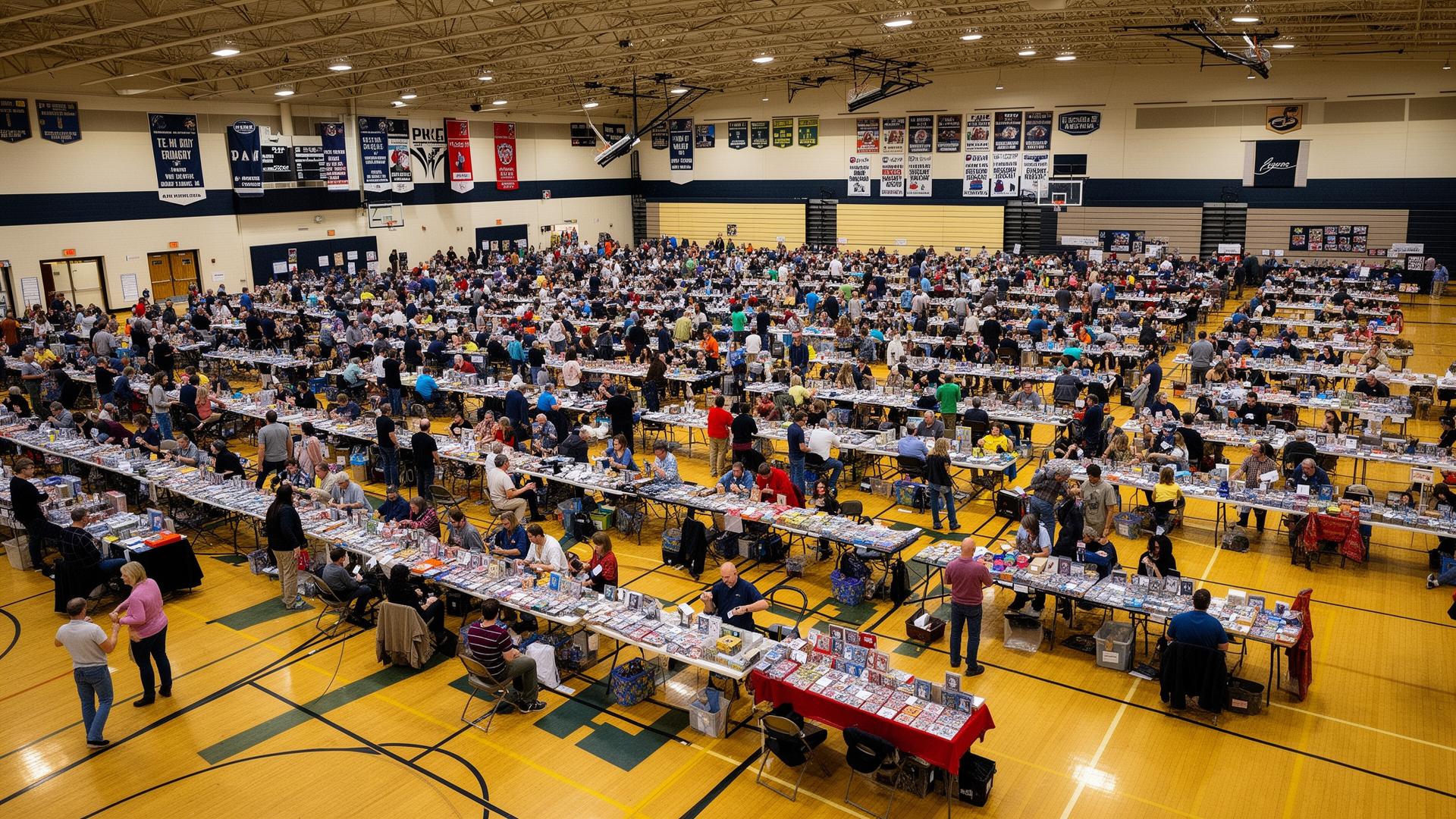 Wide aerial view of the UC Cards show floor