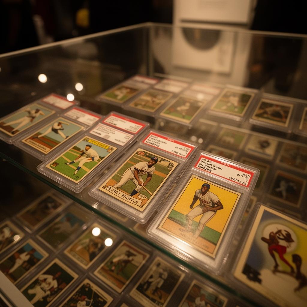Vintage baseball cards in a glass display case